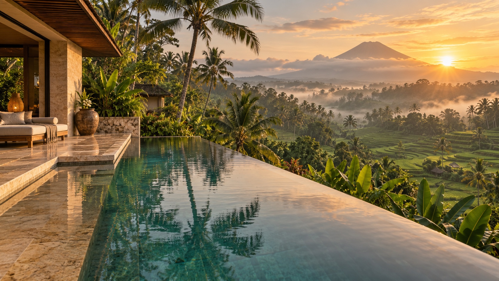 A quiet swimming pool surrounded by the jungle near Ubud
