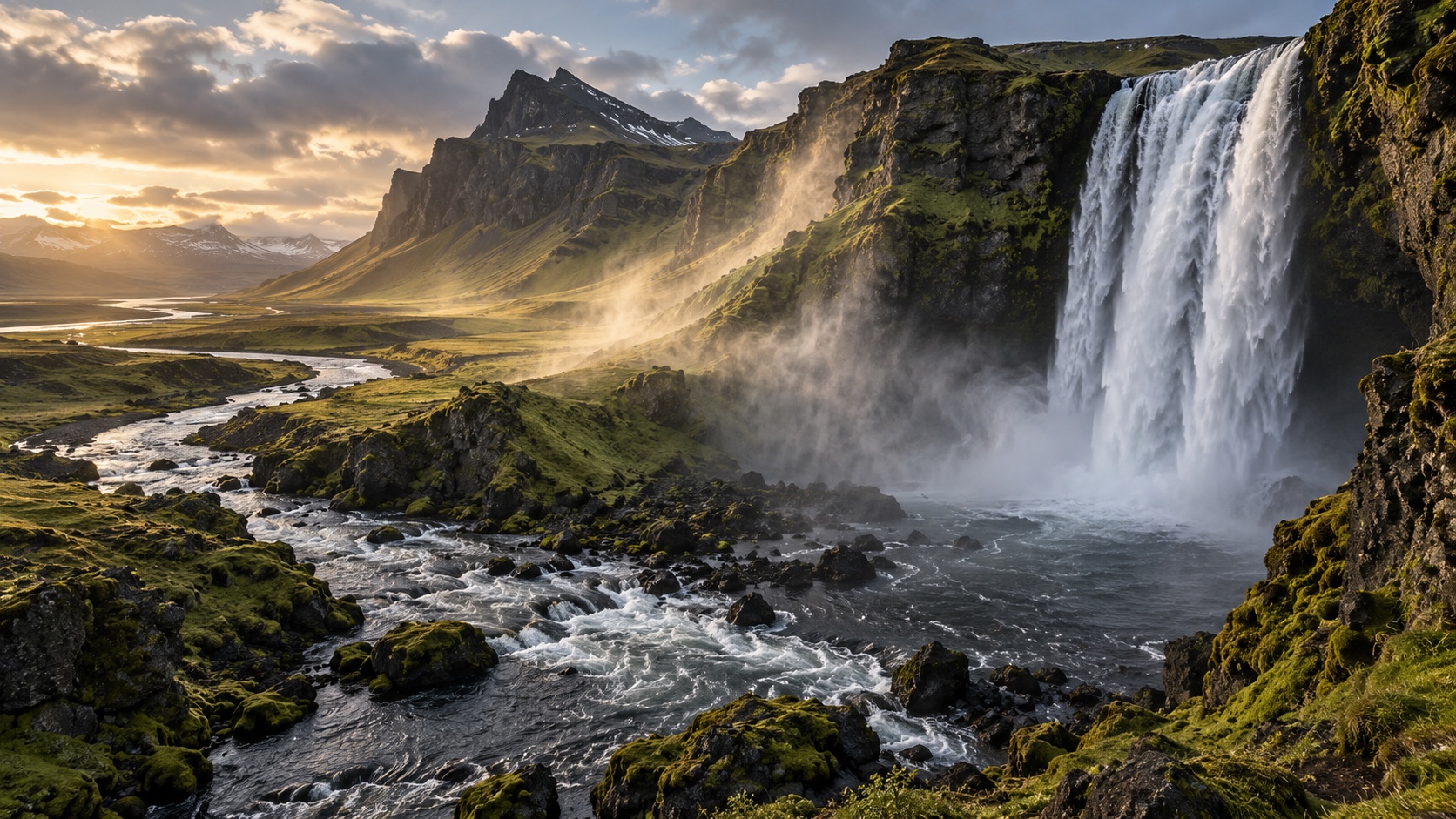 A vast Icelandic waterfall beneath a dramatic open sky