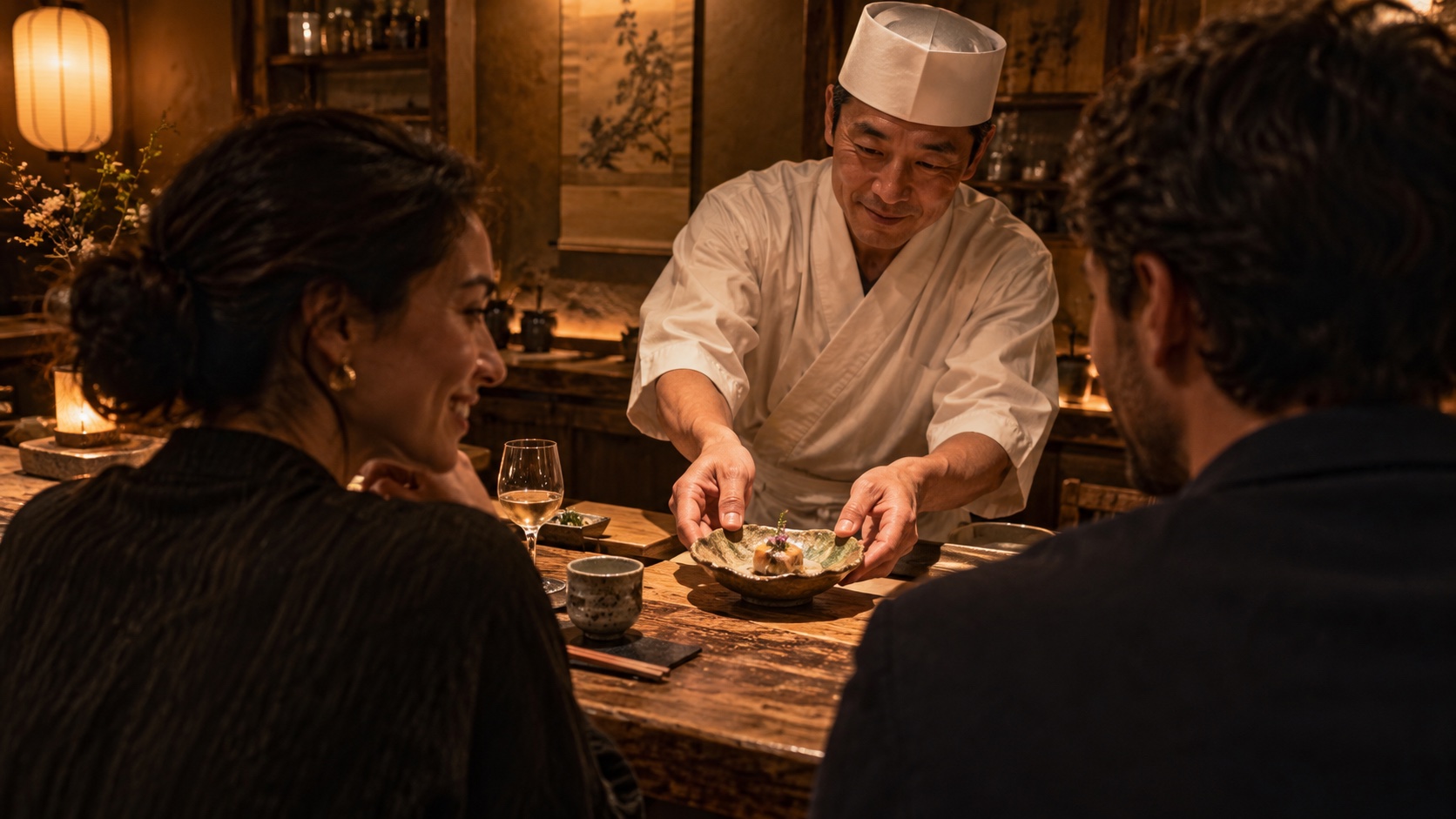 A chef sharing a dish with two travellers at an intimate Kyoto counter