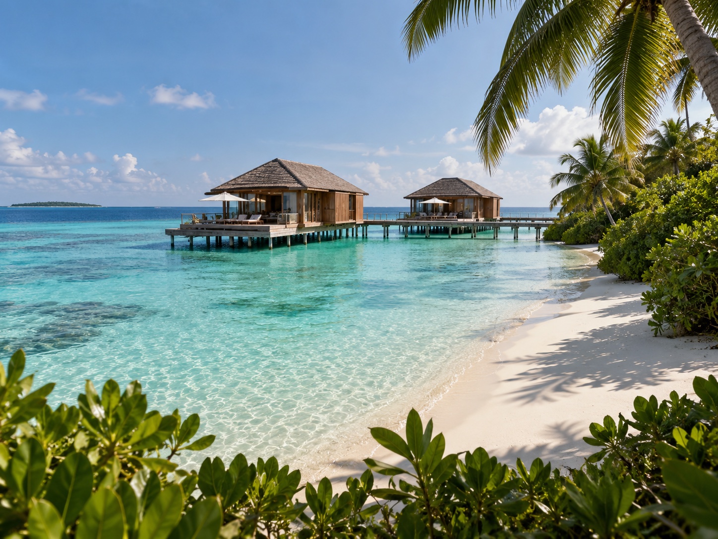 Clear turquoise water surrounding a private island villa in the Maldives