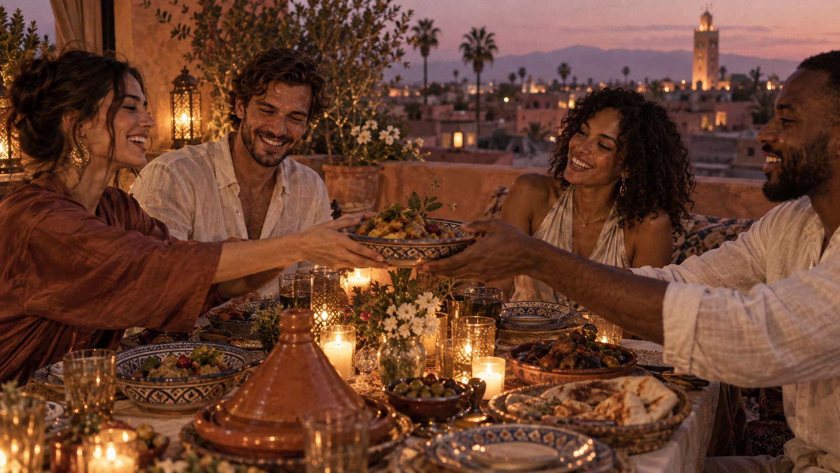 Four friends passing dishes and laughing over a candlelit rooftop dinner in Marrakech