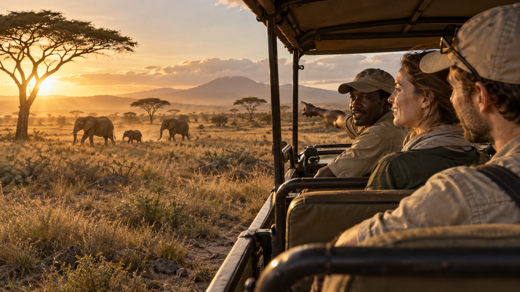 A Tanzanian guide and two travellers watching elephants from a safari vehicle at sunset